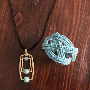 Turquoise Pendant Necklace & Beaded Bracelet Set